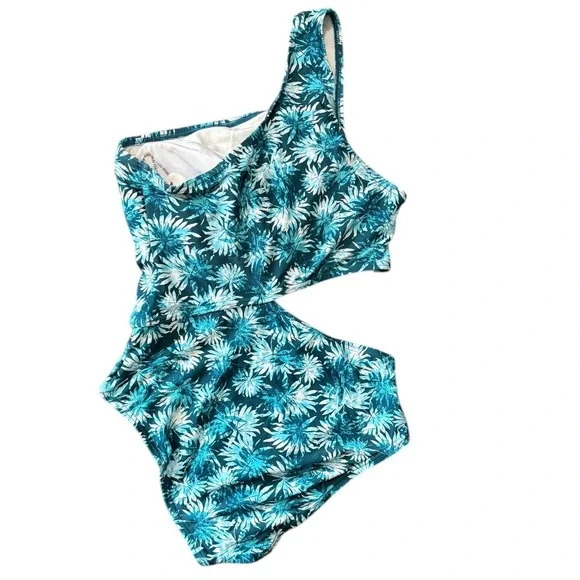 Michael Kors Women's One Shoulder Cutout Swimsuit Turquoise Floral, Size 6 NWT - Picture 7 of 11